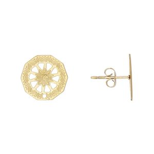 Earstud Lazer Lace™ 1pkg8, 13mm wheel / cutout design / earnuts, gold-finished stainless steel 4 pair