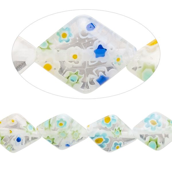 Bead, millefiori glass, translucent clear and multicolored, 13x10mm puffed diamond. Sold per 15-inch strand, approximately 30 beads. image number 0