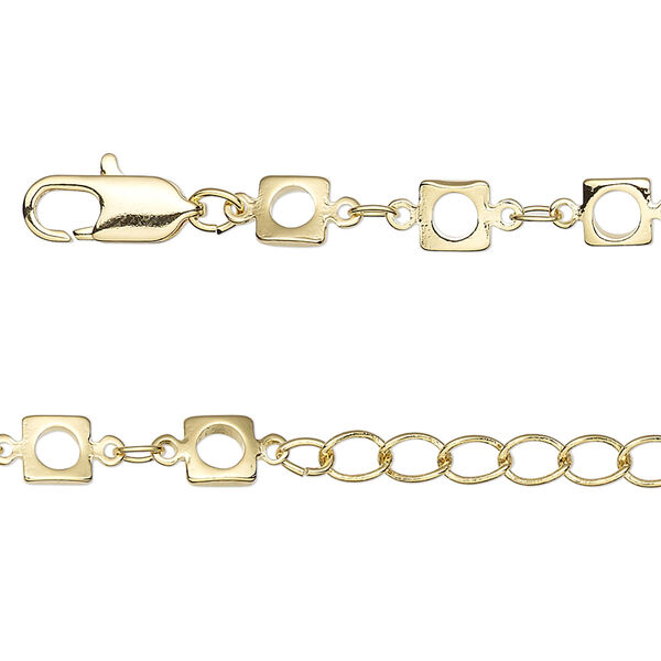 Chain, gold-finished brass, 3x2mm oval and 5x5mm open square, 16 inches with 1-1/4 inch extender chain and lobster claw clasp. Sold individually. image number 0