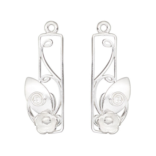Focal, Hill Tribes, silver-plated brass, 30x11mm single-sided left- and right-facing open rectangle with flower / leaf / spiral design. Sold per pkg of 2. image number 0
