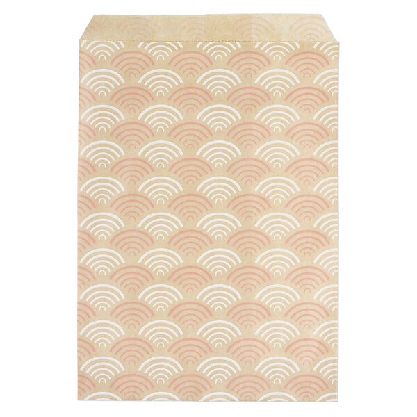 Bag, paper, brown, white and pink, 7x5 inch rectangle with fan-print and scalloped top edge. Sold per pkg of 100. image number 0