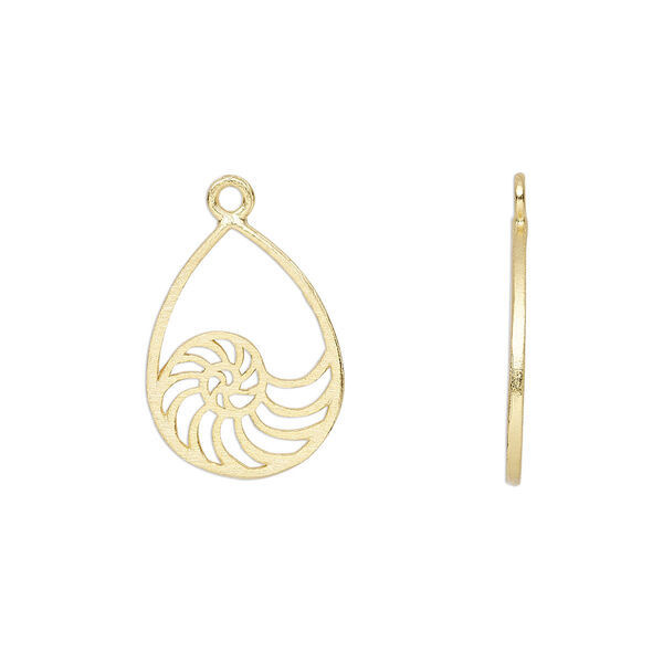Charm, Amoracast®, "vermeil", 15x11mm two-sided open teardrop with nautilus shell. Sold individually. image number 0