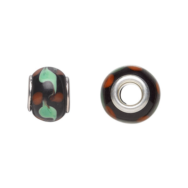 Bead, Dione®, lampworked glass with silver-plated steel grommets, black with red and green swirls, 14x10mm rondelle with 4.5-5mm hole. Sold per pkg of 6. image number 0