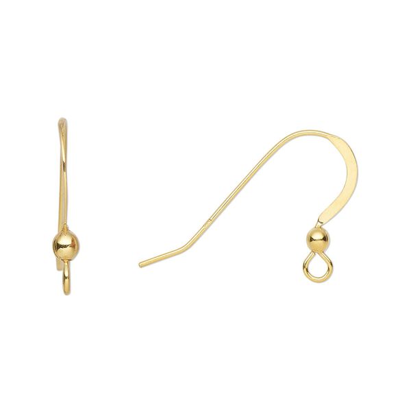 Ear wire fishhook 1pkg10 sterling silver, 16mm flat / 2.5mm ball / open loop, 22 gauge "vermeil" 5 pair image number 0