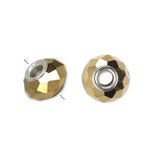 Bead, Dione®, glass and silver-plated brass grommets, 32-facet, opaque metallic bright gold, 14x9mm faceted rondelle. Sold per pkg of 6.