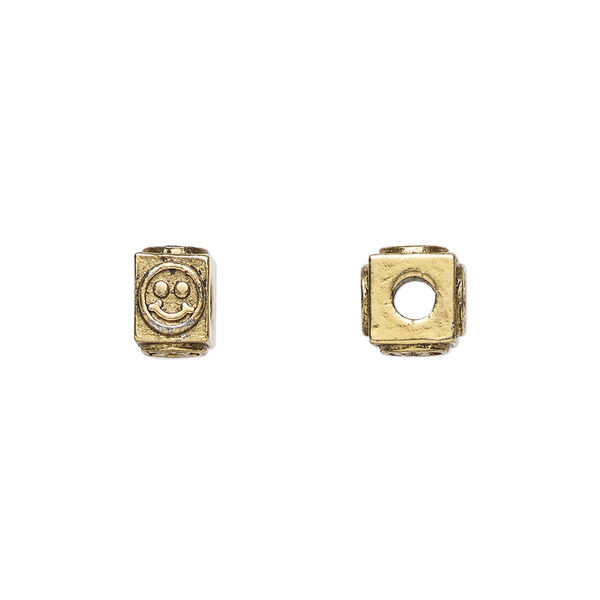 Bead, antique gold-plated pewter (tin-based alloy), 8x6mm rectangle with happy face. Sold per pkg of 4. image number 0