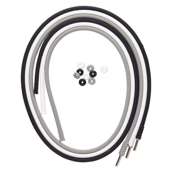 Necklace cord, silicone and stainless steel, black / white / grey, 3mm round, 20 inches with pop-style clasp. Sold per pkg of 3. image number 0