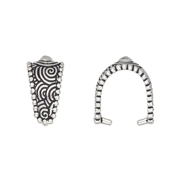 Bail, TierraCast®, ice-pick, antique silver-plated pewter (tin-based alloy), 17x9mm with swirl design and beaded border, 12mm grip length. Sold per pkg of 2. image number 0