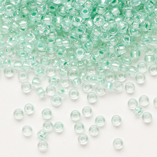 Seed bead, Miyuki, glass, pkg/50g, #8 rocaille, translucent mint pearl-lined glacier blue, (RR-3806). image number 0