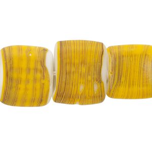 Bead, lampworked glass, opaque matte yellow-green / black / white, 17x15mm-18x16mm puffed rectangle with line design. Sold per 8-inch strand, approximately 10 beads.
