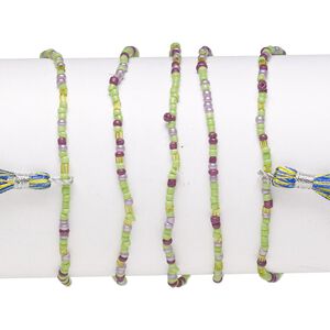 Bracelet mix, stretch, glass, mixed light greens and lavender, #6 round with 40mm tassel, 7-1/2 inches. Sold per pkg of 5.