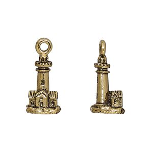 Charm, antique gold-plated pewter (tin-based alloy), 16.5x10mm 3D lighthouse. Sold per pkg of 2.