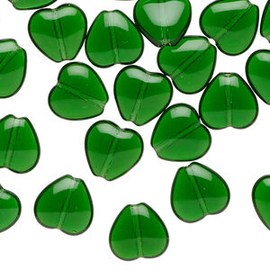 Czech pressed glass 1pkg40, heart bead emerald green 10x9.5mm