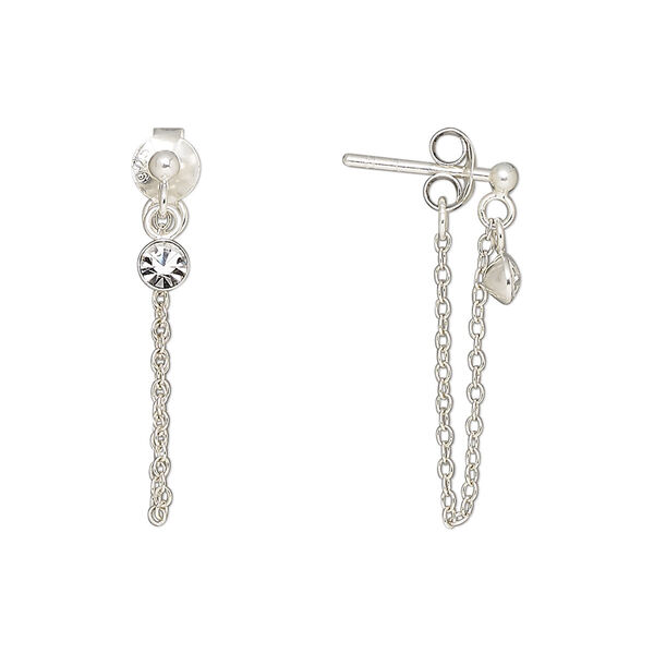 Earstud, Create Compliments®, sterling silver and glass rhinestone, clear, 22mm with safety chain. Sold per pair. image number 0