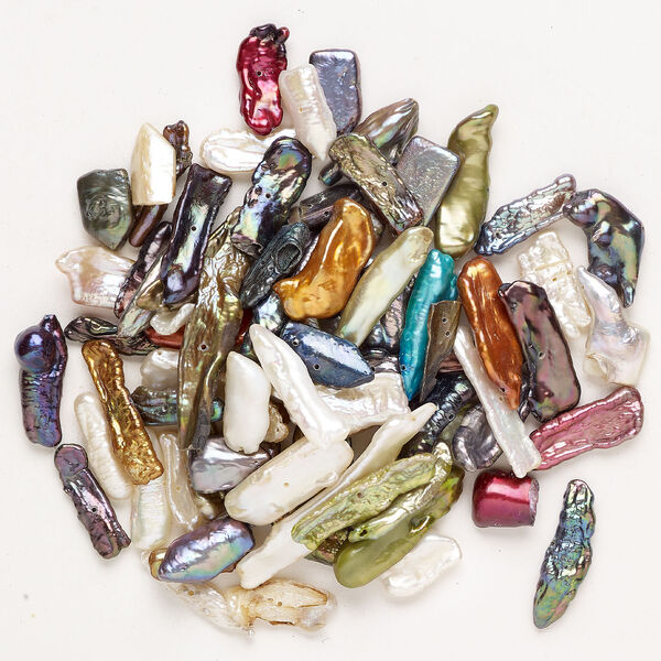 Pearl mix, cultured freshwater (dyed), mixed colors, 13x10mm-50x9mm top-drilled stick with 0.4-0.6mm hole, D grade, Mohs hardness 2-1/2 to 4. Sold per 2-ounce pkg, approximately 45 beads. image number 0