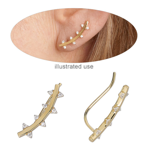 Earring, Create Compliments®, cubic zirconia and gold-finished sterling silver, clear, 21.5x6.5mm thorns ear climber with fishhook ear wire, 20 gauge. Sold per pair. image number 0