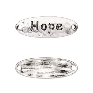 Link, antique silver-finished "pewter" (zinc-based alloy), 29.5x10mm single-sided curved hammered flat oval with "Hope." Sold per pkg of 2.