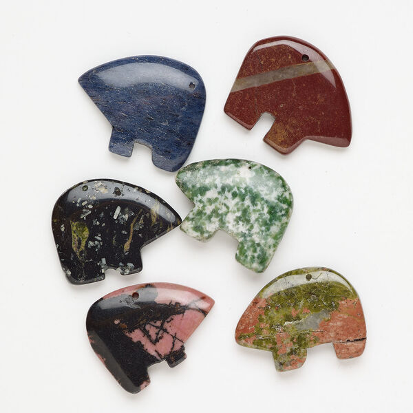 Multi-gemstone 1pkg6, top-drilled puffed / flat zuni-style bear, focal mix 30x24mm-37x28mm image number 0