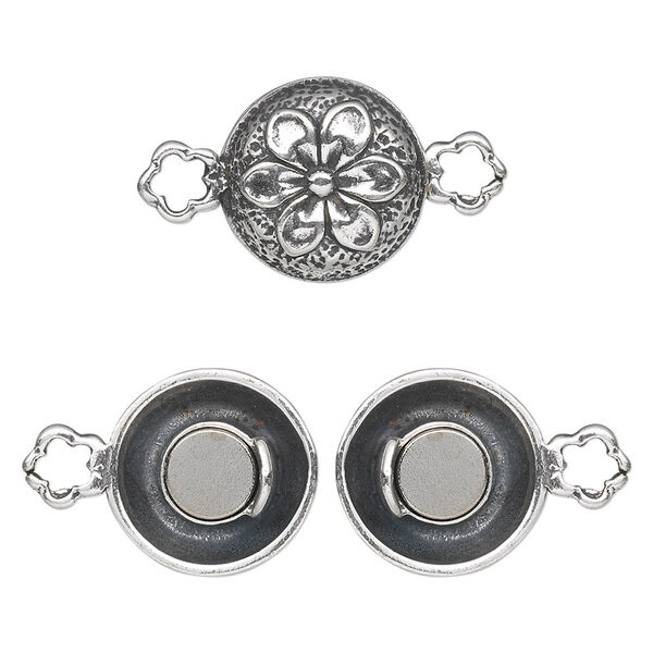 Clasp, magnetic, antiqued sterling silver, 14mm double-sided puffed flat round with raised flower pattern. Sold individually. image number 0