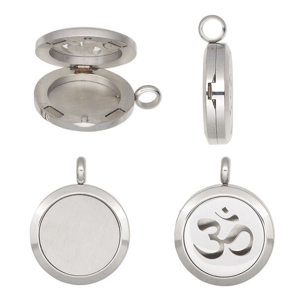 Pendant, stainless steel, pkg/1, 32x25mm single-sided hinged round locket, cutout Om design and magnetic closure image number 0