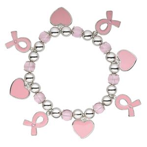 Bracelet, stretch, acrylic / glass rhinestone / enamel / "pewter" (zinc-based alloy), pink and clear, 7-9mm round / 16x14.5mm heart / 18x14mm awareness ribbon, 6-1/2 inches. Sold individually.