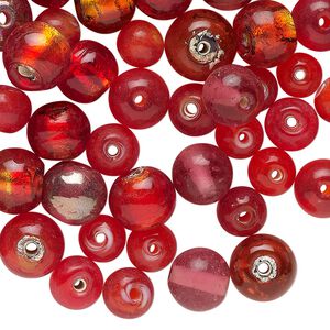 Bead mix, glass, translucent red / red-orange / lavender, 6-9mm round with silver-colored foil. Sold per 2-ounce pkg, approximately 100 beads.