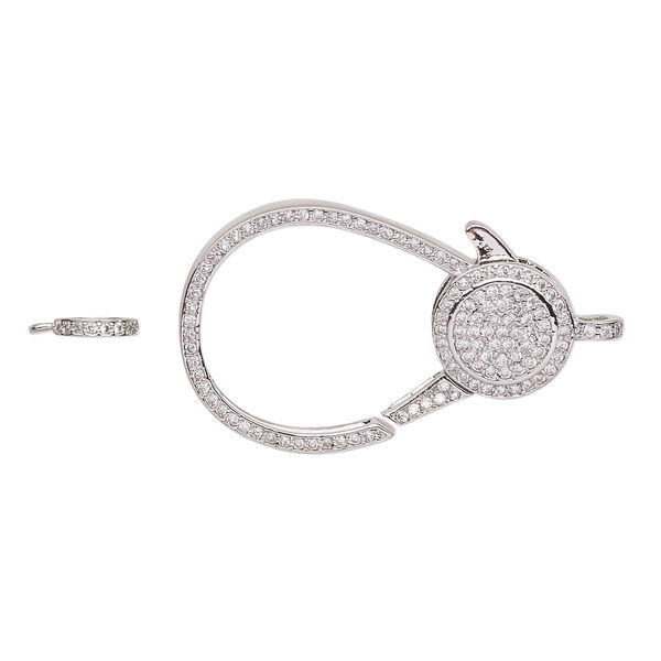 Clasp, lobster claw, cubic zirconia and silver-plated brass, clear, 35x22.5mm double-sided with 7.5mm ring. Sold individually. image number 0