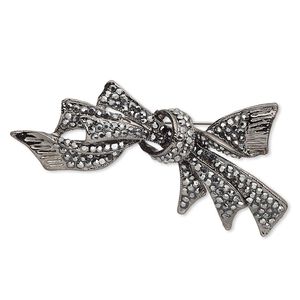 Brooch, glass rhinestone and gunmetal-finished "pewter" (zinc-based alloy), metallic black, 2-3/4 x 1-1/2 inch bow. Sold individually.