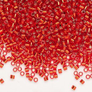 Seed bead, Delica®, glass, pkg/7.5g, #10 round, transparent silver-lined flame red (DBM-0043).