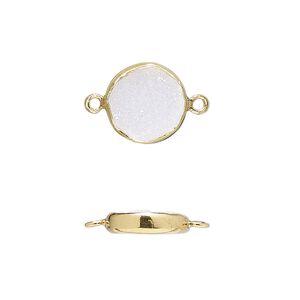 Link, white druzy agate (natural) and gold-finished sterling silver, 12mm single-sided flat round. Sold per pkg of 2.