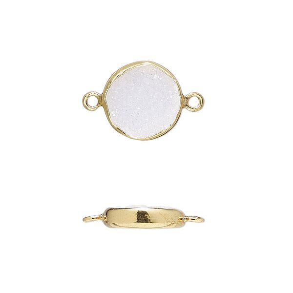 Link, white druzy agate (natural) and gold-finished sterling silver, 12mm single-sided flat round. Sold per pkg of 2. image number 0