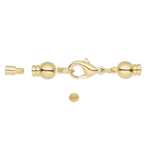 Clasp, lobster claw, gold-plated brass, 37x7mm with 13x7mm and 8x6mm twist-off cord ends, 2mm inside diameter. Sold per pkg of 2. image number 0
