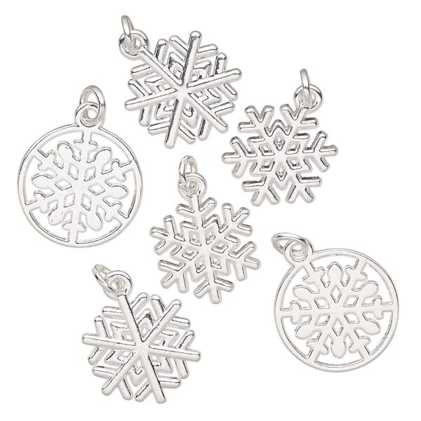 Charm assortment, silver-finished "pewter" (zinc-based alloy), 17mm-15.5 x 15mm snowflake theme. Sold per pkg of 6. image number 0