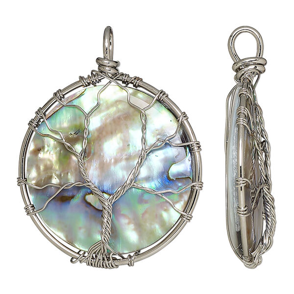 Pendant, abalone shell (natural) and imitation rhodium-plated brass, 56x45mm-57x46mm single-sided flat round with tree of life design. Sold individually. image number 0