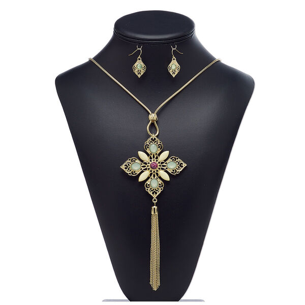Necklace and earring set, acrylic rhinestone / acrylic / gold-finished brass / steel / "pewter" (zinc-based alloy), light green / pale yellow / pink, 7-inch dangle with 2-3/4 x 2-3/4 inch diamond, 28-inch necklace with 3-inch extender chain and lobster claw clasp, 29mm teardrop with fishhook ear wire. Sold per set. image number 0