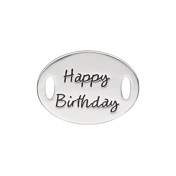 Link, antique silver-finished "pewter" (zinc-based alloy), 26x19mm single-sided flat oval with "Happy Birthday." Sold individually. image number 0