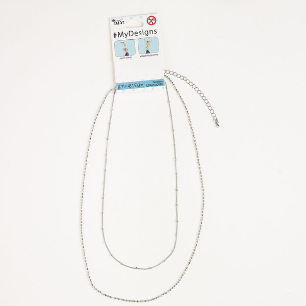 Necklace, 2-strand, steel, pkg/17 inches, silver finish, 2mm ball and 1mm curb with lobster claw clasp and extender chain. image number 0