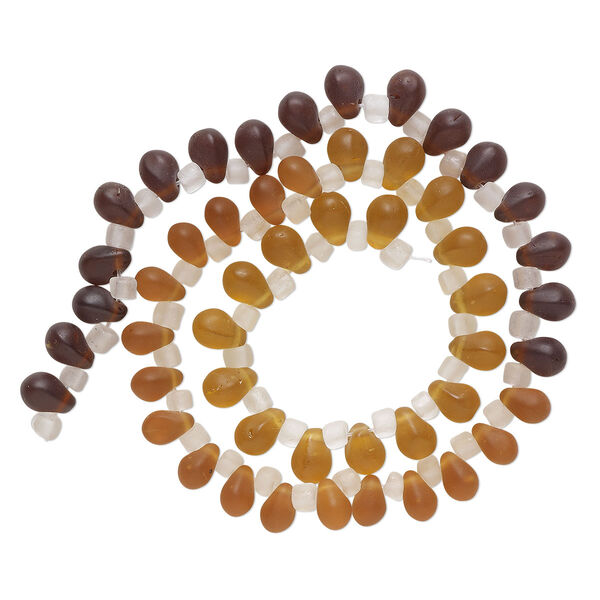 Bead, glass, translucent matte amber, brown and dark brown, 8x6mm top-drilled teardrop with irregular rondelles. Sold per 14-inch strand. image number 0