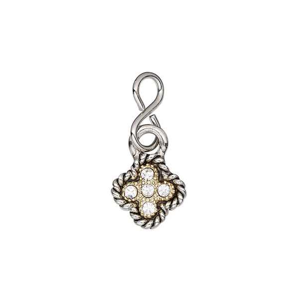 Charm, glass rhinestone / imitation rhodium-plated brass / gold-finished / imitation rhodium-plated / antique imitation rhodium-plated "pewter" (zinc-based alloy), clear, 11mm single-sided flower. Sold individually. image number 0