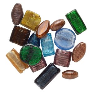 Bead mix, lampworked glass, translucent mixed colors, 23x14mm-35x19mm top-drilled and center-drilled mixed shapes with silver-colored foil. Sold per pkg of 16.