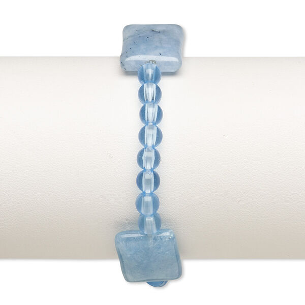 Bracelet, stretch, quartz (dyed) and acrylic, blue, 5mm round and 20x15mm-21x16mm puffed rectangle, 6-1/2 inches. Sold individually. image number 0