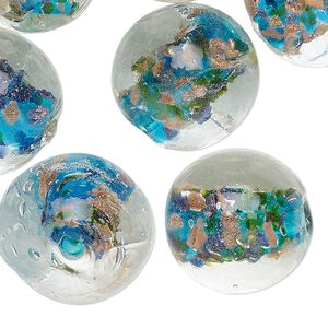 Bead, lampworked glass, clear / aqua blue / dark blue with copper-colored glitter, 20mm round with swirl design. Sold per pkg of 10.