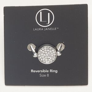 Ring 1pkg1 silver-finished brass and copper / glass rhinestone, clear, 13mm 2-sided reversible round with hammered back, size 8.