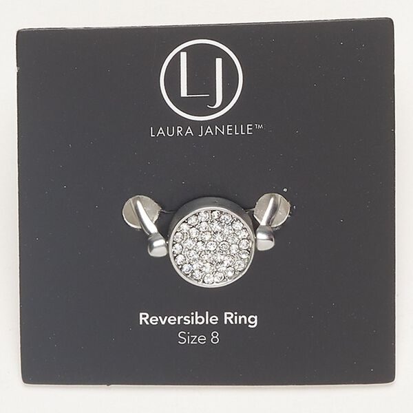 Ring 1pkg1 silver-finished brass and copper / glass rhinestone, clear, 13mm 2-sided reversible round with hammered back, size 8. image number 0