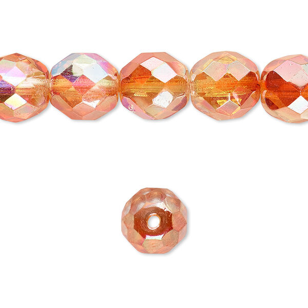 Bead, Czech fire-polished glass, two-tone clear AB and apricot medium, 10mm faceted round. Sold per 15-1/2" to 16" strand. image number 0