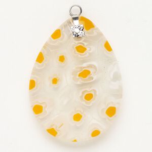 Focal 1pkg1, silver-finished steel and millefiori glass, translucent and transparent clear / white / yellow-orange, 35x25mm-36x28mm puffed teardrop.