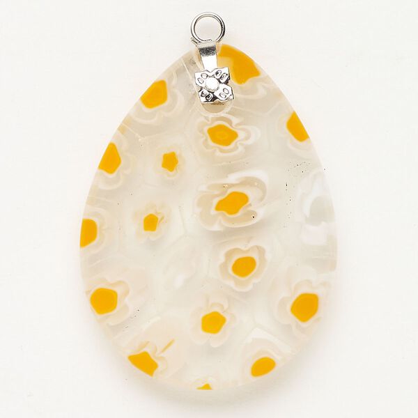 Focal 1pkg1, silver-finished steel and millefiori glass, translucent and transparent clear / white / yellow-orange, 35x25mm-36x28mm puffed teardrop. image number 0