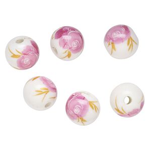 Bead, porcelain, white / pink / yellow, 12mm round with rose decal. Sold per pkg of 6.