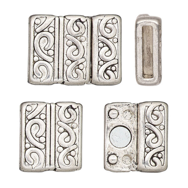 Clasp, magnetic, antique silver-finished "pewter" (zinc-based alloy), 21.5x16.5mm rectangle with swirl design and glue-in ends, 12x2mm inside diameter. Sold individually. image number 0