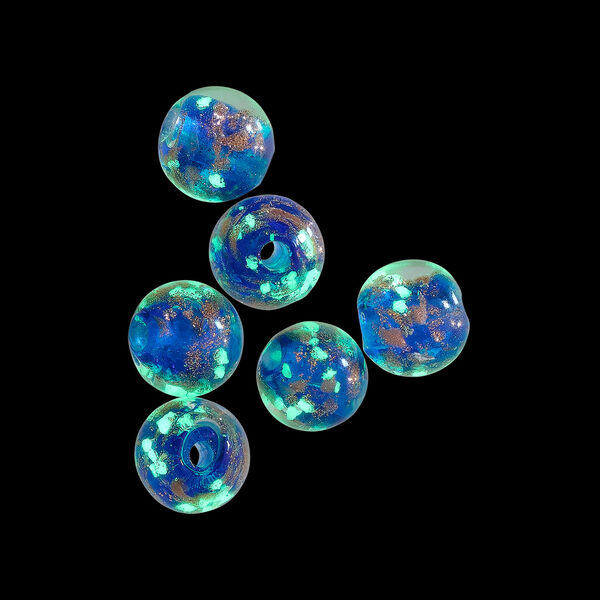 Bead, lampworked glass, clear / cobalt blue / glow-in-the-dark / gold, 8mm round. Sold per pkg of 6. image number 1